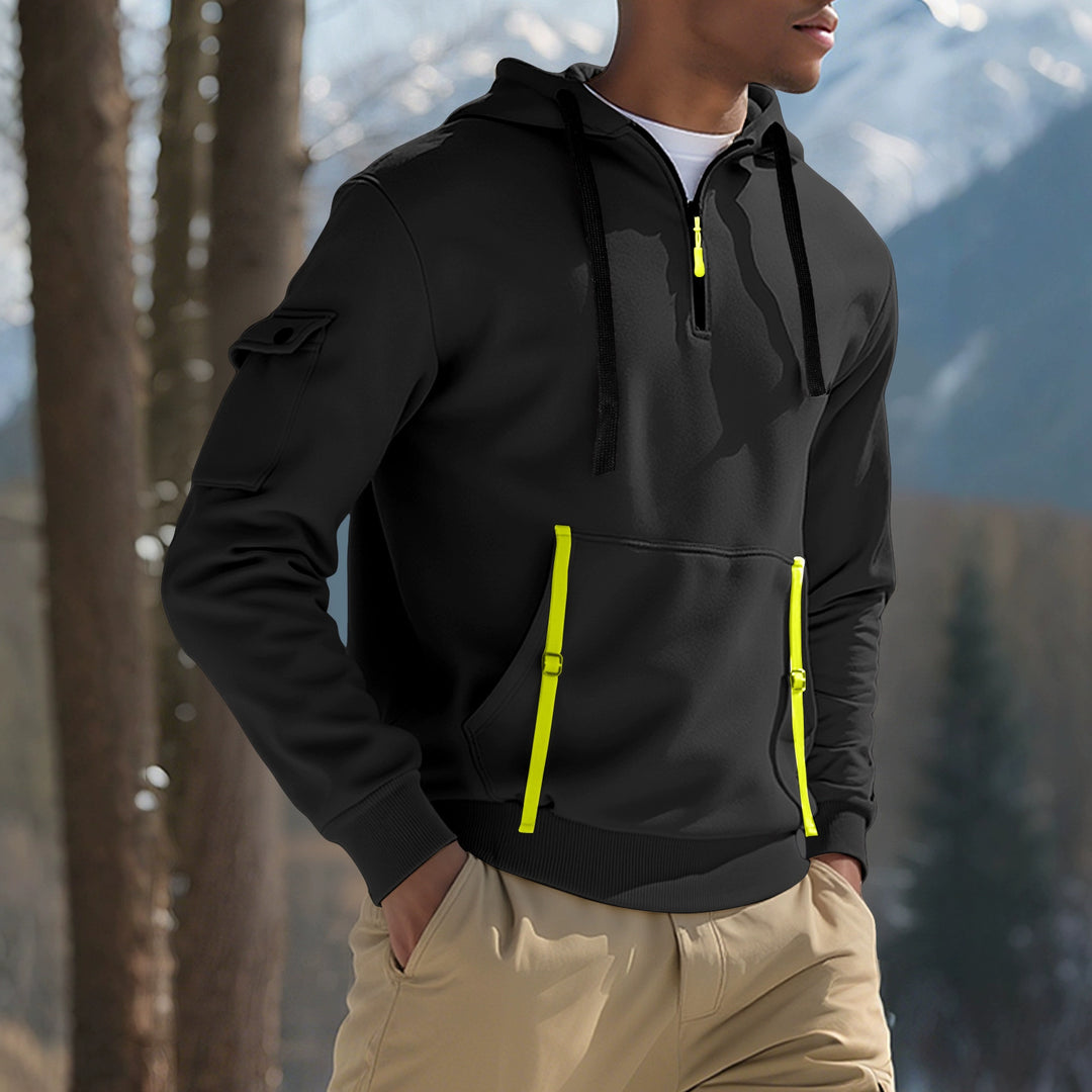 Men's Nano Urban Tech Hooded Half-Zip Pullover with Utility Arm Pocket, Kangaroo Pocket, and Adjustable Zipper Tapes Mune Fashion