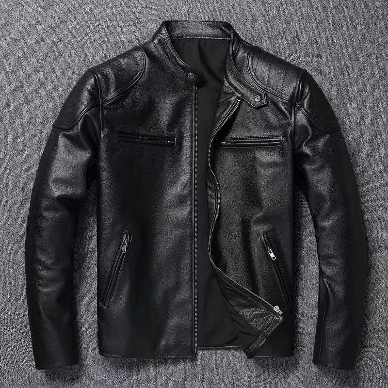 Men's leather jacket in vintage biker style with chest pockets and zipper Mune Fashion