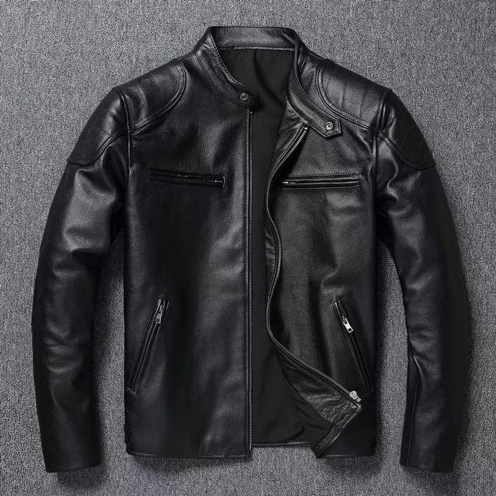 Men's leather jacket in vintage biker style with chest pockets and zipper Mune Fashion