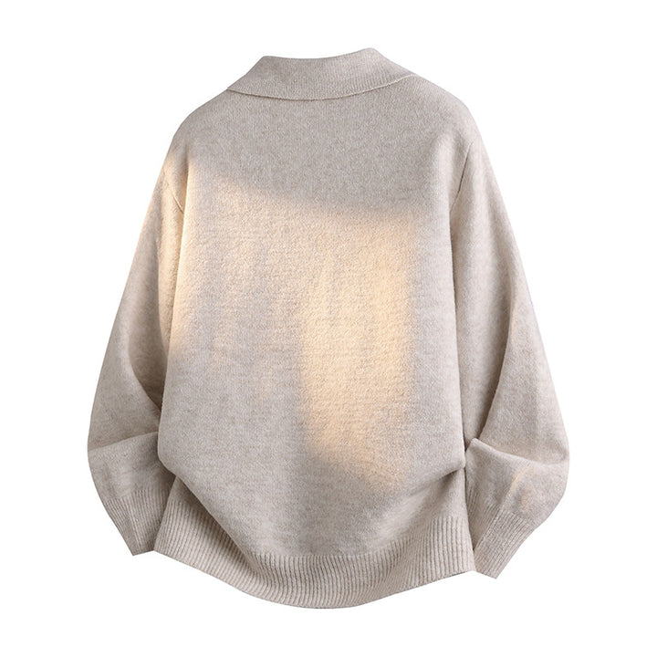 Women's Oversized Polo Collar Fine Knit Sweater with Short Slit and Decorative Button Mune Fashion