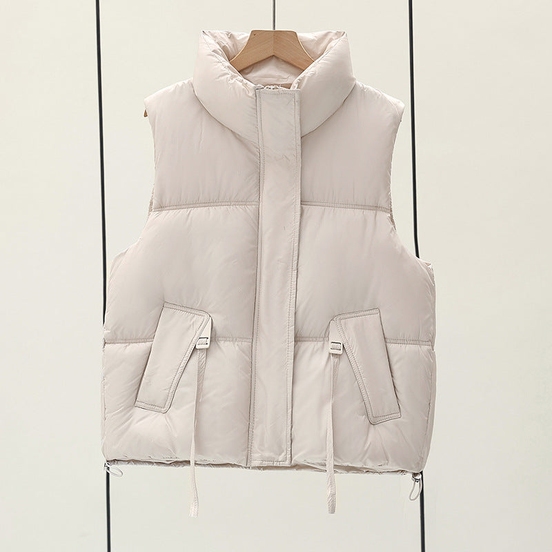 Women's short-cut minimalist insulation vest with high funnel collar, concealed two-way front and adjustable drawstring hem Mune Fashion