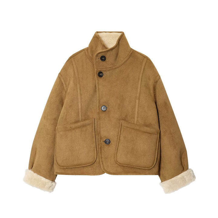 Women's Short Velour Jacket with Teddy Lining, High Stand-Up Collar and Patch Pockets Mune Fashion