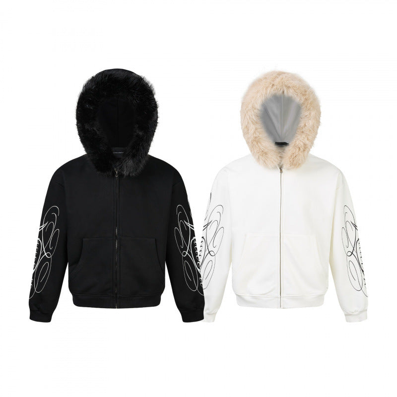 Unisex Oversize hoodie jacket with faux fur trim, zipper and graphic sleeves Mune Fashion
