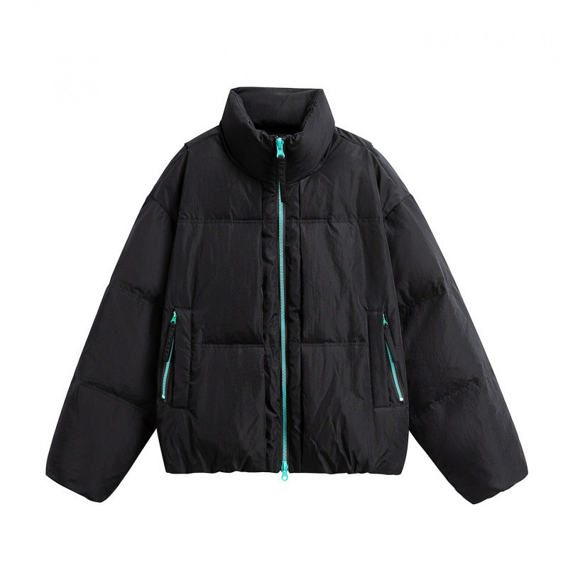 Women Short Oversized Padded Jacket with High Stand-Up Collar and Contrast Zipper Mune Fashion