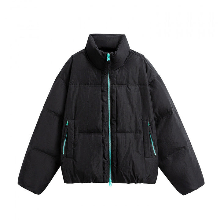 Women Short Oversized Padded Jacket with High Stand-Up Collar and Contrast Zipper Mune Fashion