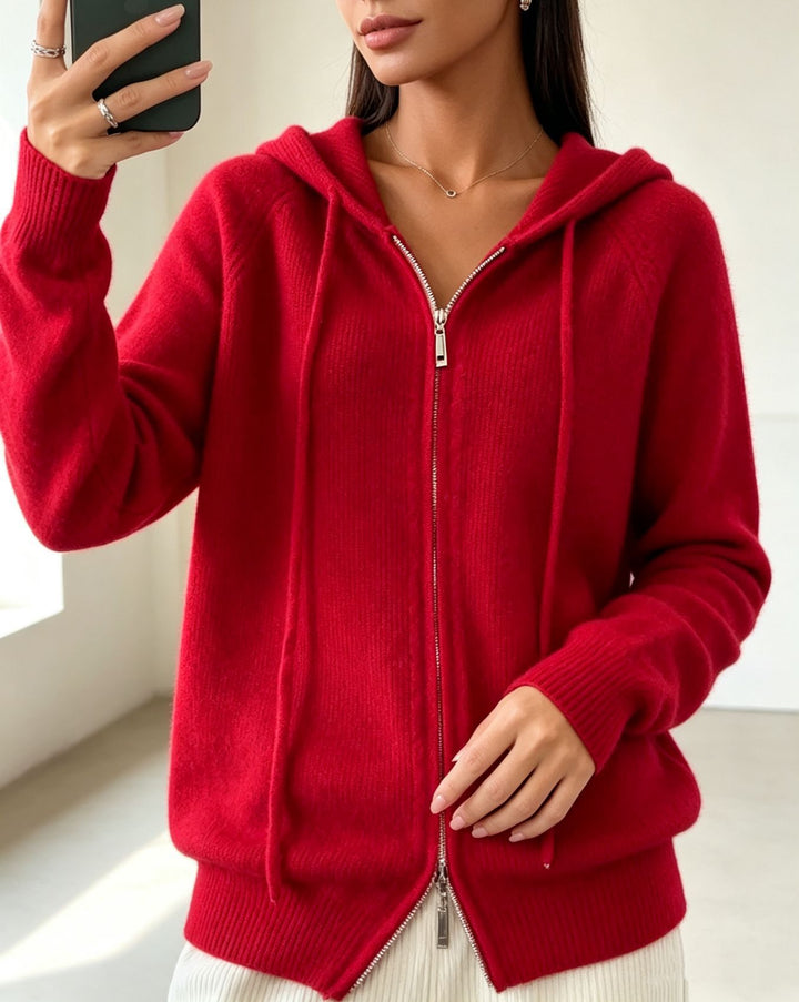 Women's hooded cardigan with zipper, fine knit and ribbed cuffs Mune Fashion