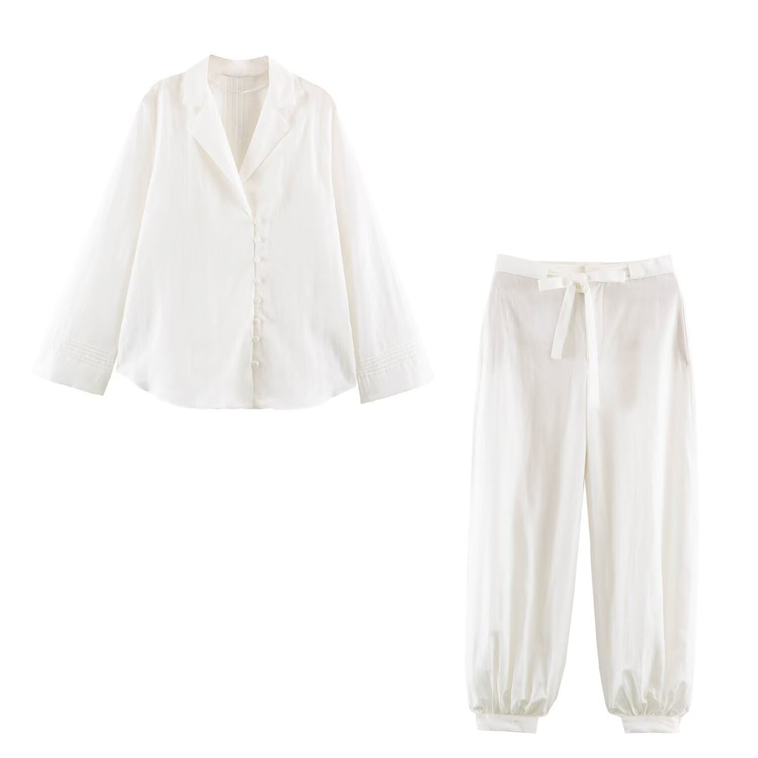 Ladies Satin Lounge Two-Piece with Revers Blouse and High-Waist Jogger Pants Mune Fashion