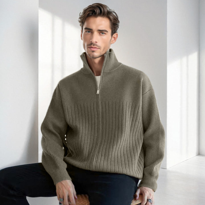 Men's Half-Zip Knit Sweater with High Stand Collar and Wide Rib Pattern Mune Fashion