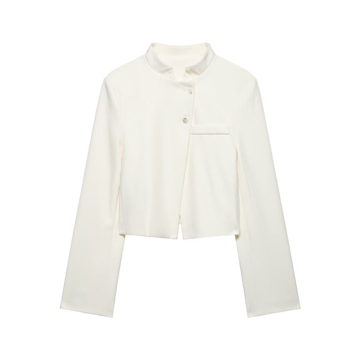 Women Short Tailored Blazer with Stand-Up Collar and Asymmetrical Button Placket Mune Fashion