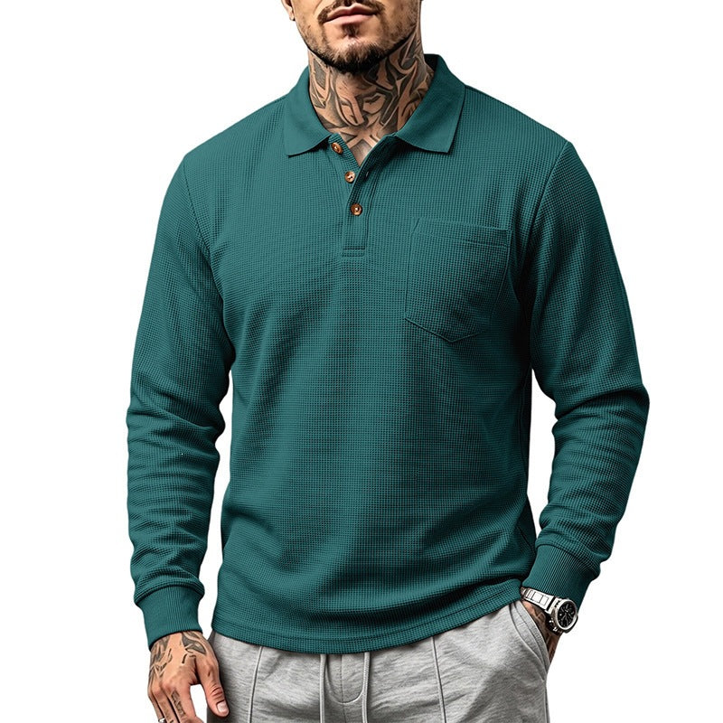 Men's Long Sleeve Waffle Piqué Polo with Button Placket and Chest Pocket Mune Fashion