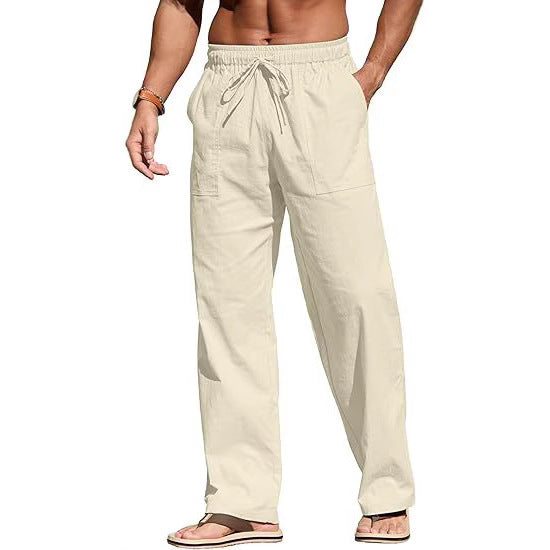 Men's lightweight linen pants with elastic waistband, drawstring, and patch pockets Mune Fashion