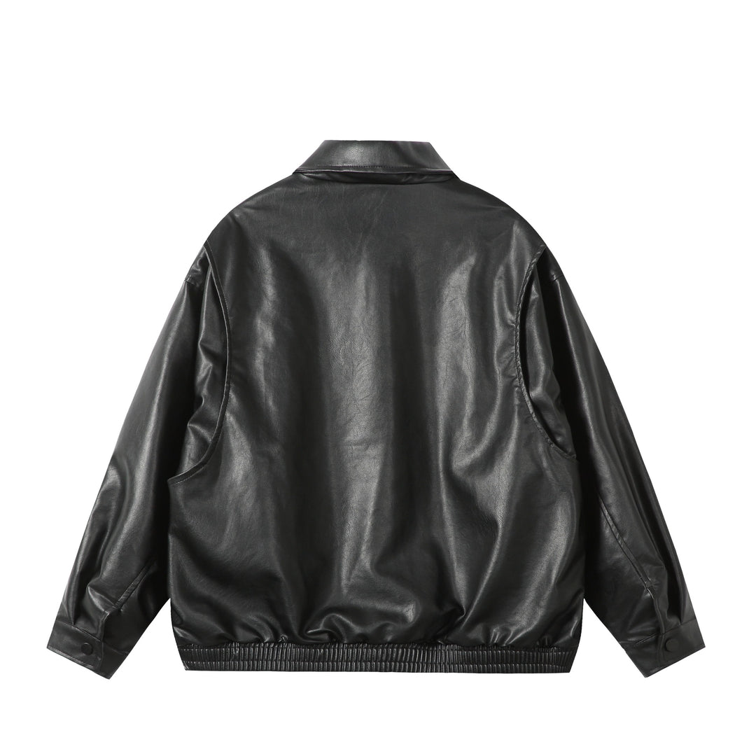 Ladies Oversize Smooth Leather Look Blouson Jacket with Elastic Hem and Metal Logo Mune Fashion