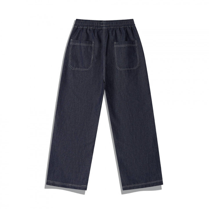 Unisex Wide Denim Pants with Elastic Waistband, Drawstring and Quilted Knee Patch Mune Fashion