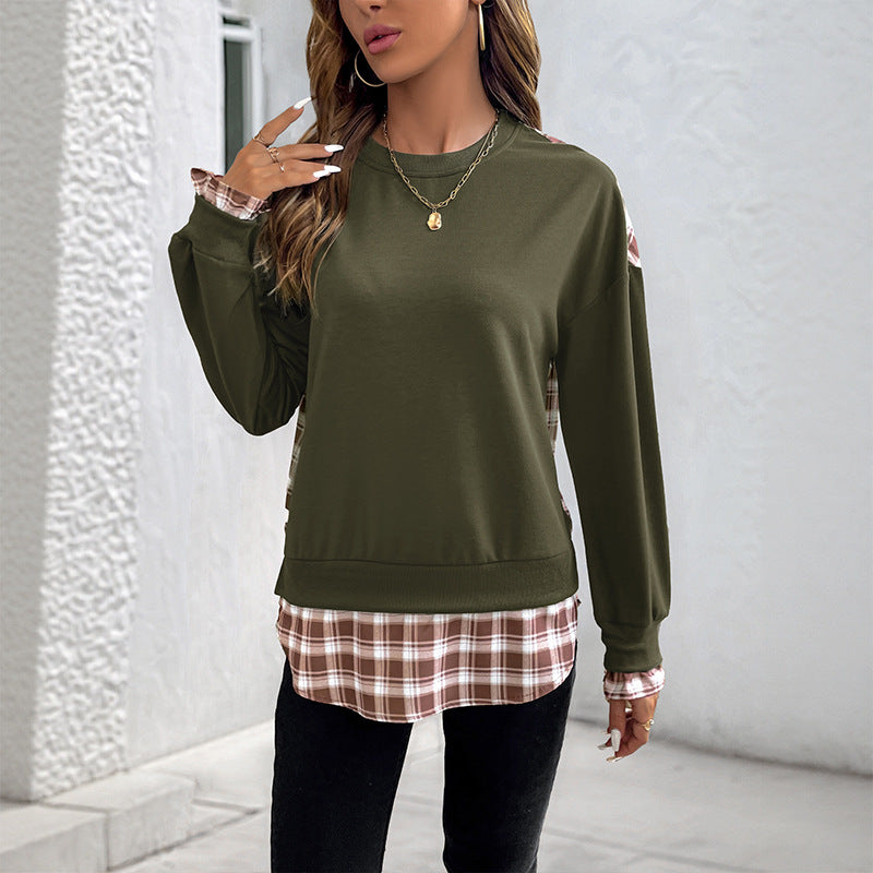 Women's Casual Round Neck Sweatshirt with Check Pattern Inserts and Gathered Cuffs Mune Fashion