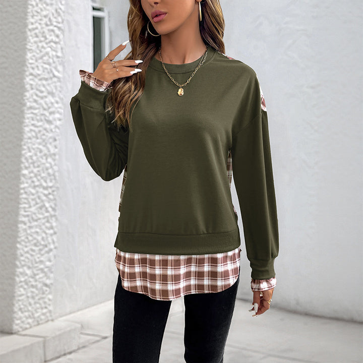 Women's Casual Round Neck Sweatshirt with Check Pattern Inserts and Gathered Cuffs Mune Fashion
