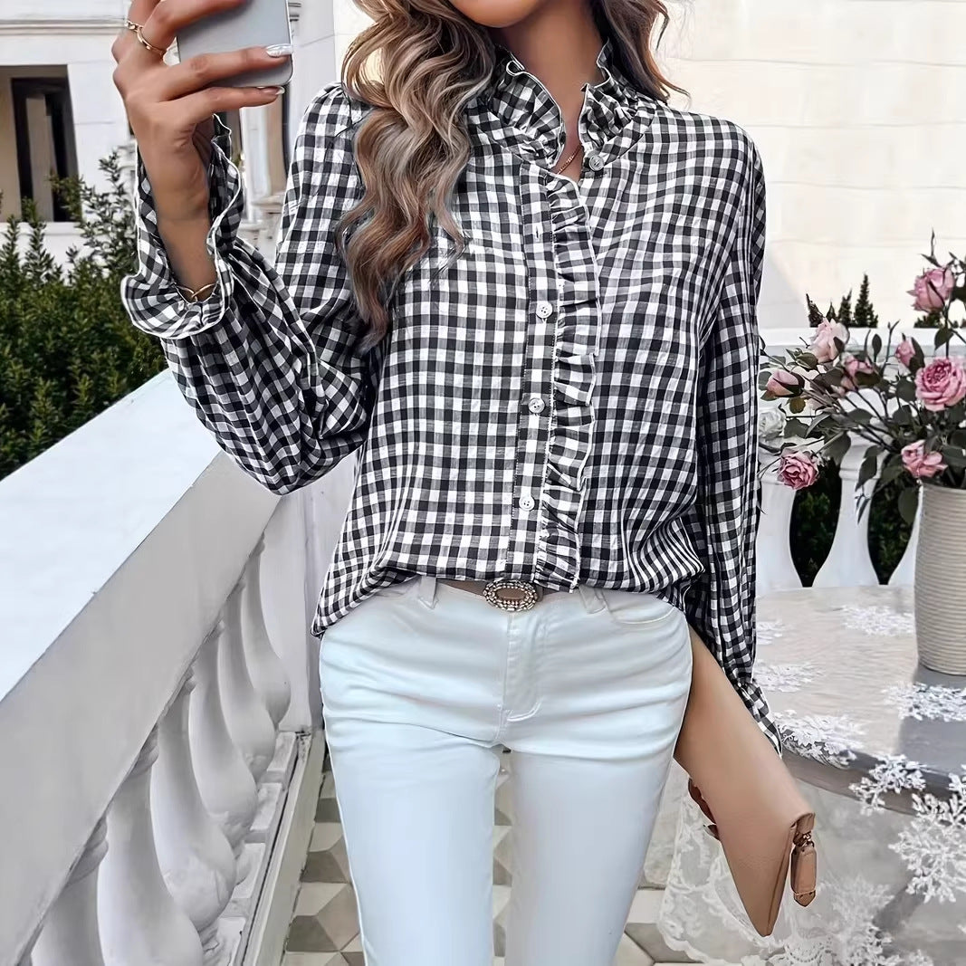Women checked ruffle blouse with flounce collar and long cuffs Mune Fashion