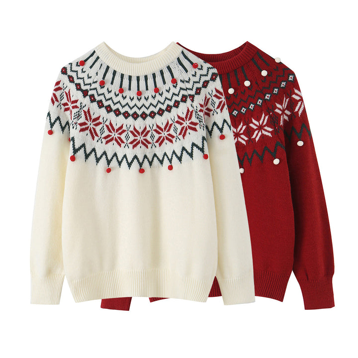 Ladies' Norwegian sweater with round neck, jacquard knitted pattern and decorative pom-pom appliqués Mune Fashion