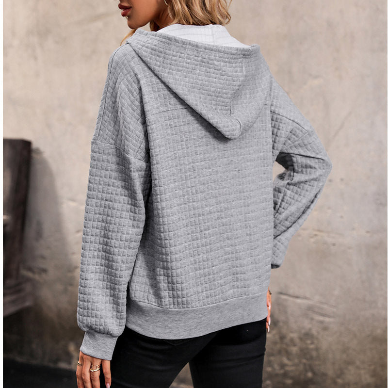 Women's Quilted Waffle Knit Henley Hoodie with Snap Placket Mune Fashion