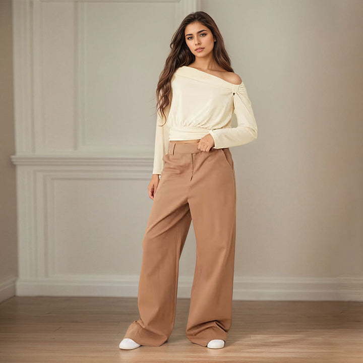 Women’s asymmetric one-shoulder blouse shirt with knot detail and fitted hem