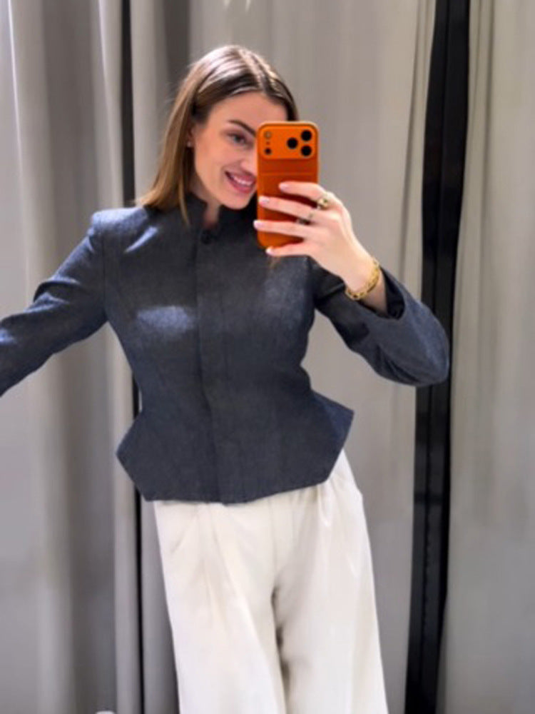Women's short blazer with stand-up collar, fitted peplum, and concealed button placket Mune Fashion