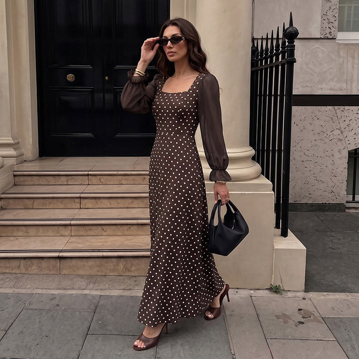 Women's Long Maxi Dress with Puff Sleeves and Dots Mune Fashion