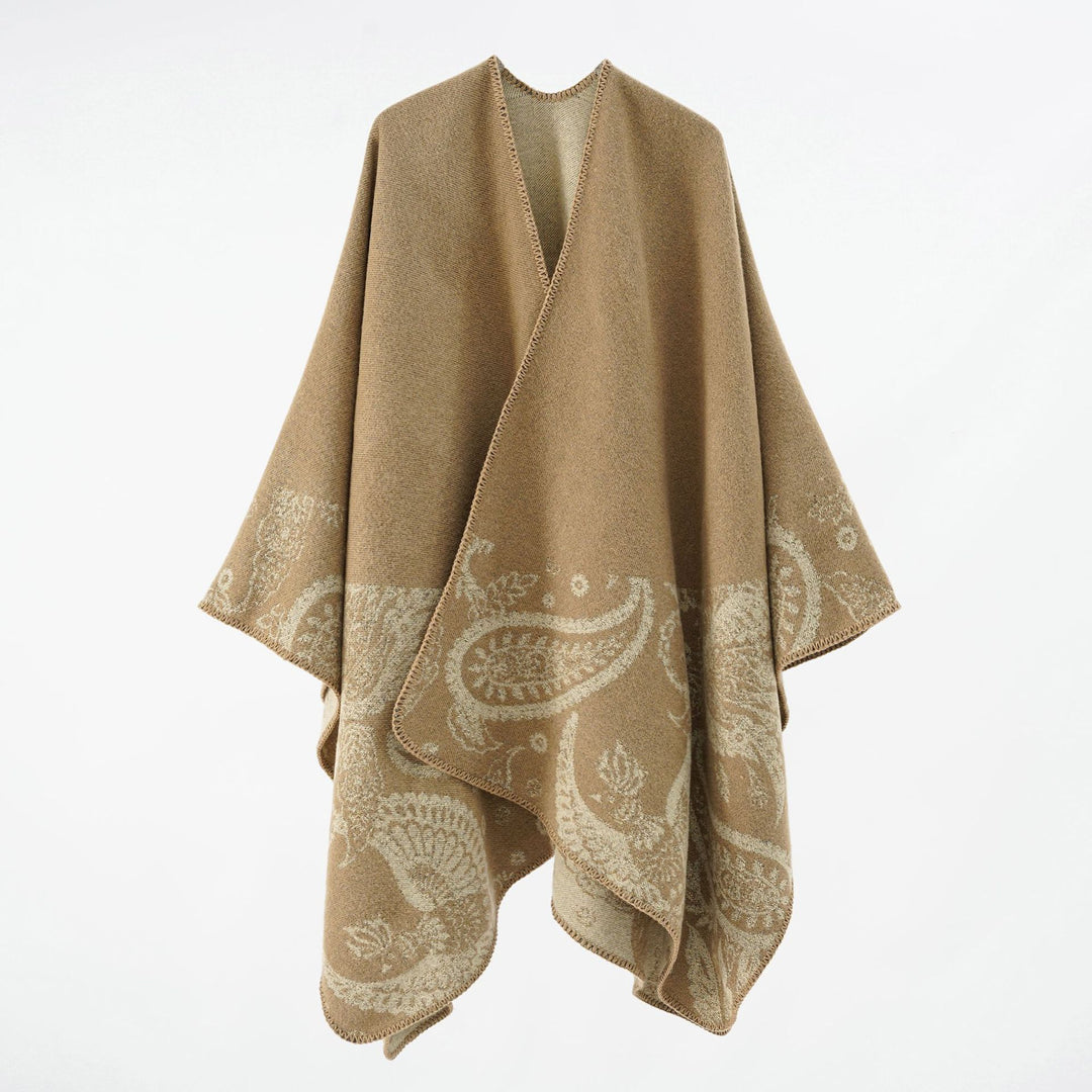 Women's Fine Wool Cape in Overlay Style with Contrasting Border Jacquard Design