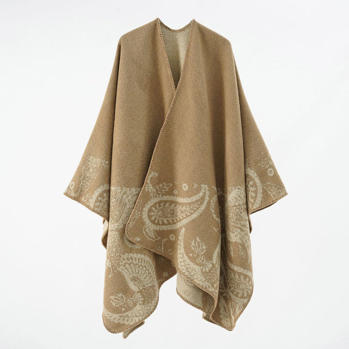 Women's wool blend reversible cape with paisley jacquard and open V-neck Mune Fashion