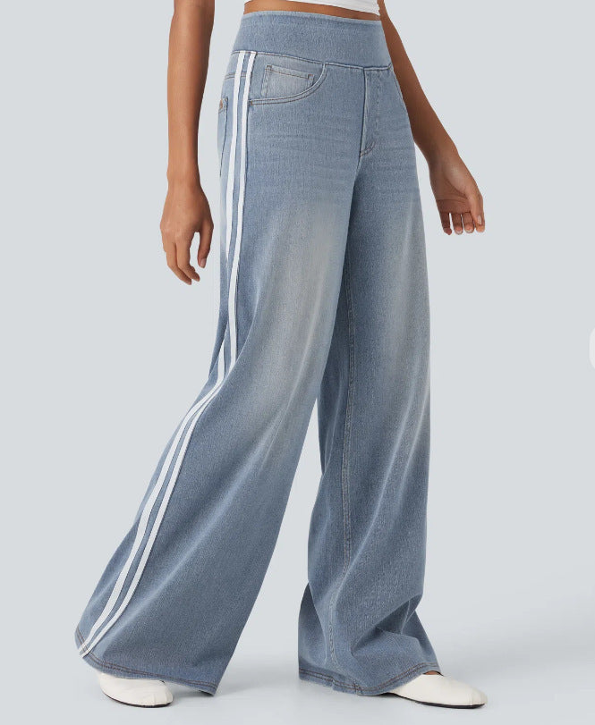 Women's wide sweatpants in denim look with side contrast stripes and comfort waistband Mune Fashion