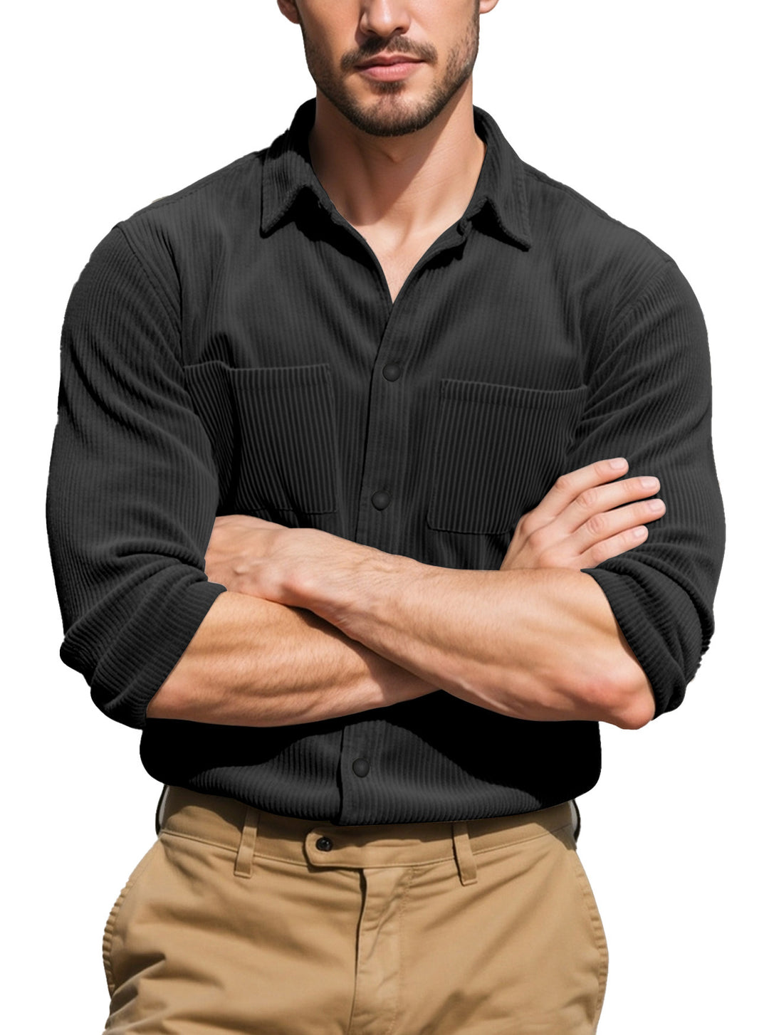 Men's textured casual overshirt with fine vertical ribbing, kent collar and patch chest pockets Mune Fashion