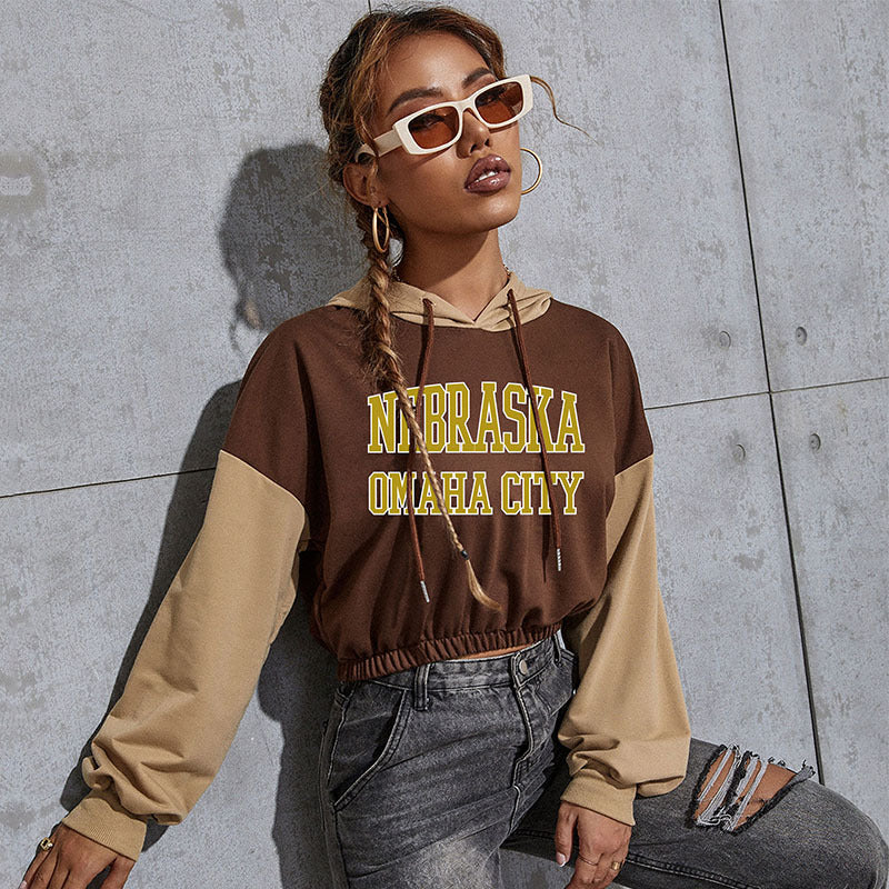 Women's Cropped Hoodie with Contrast Sleeves, Elastic Hem and Melting Smiley Print