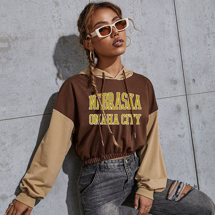 Women's Cropped Hoodie with Contrast Sleeves, Elastic Hem and Melting Smiley Print
