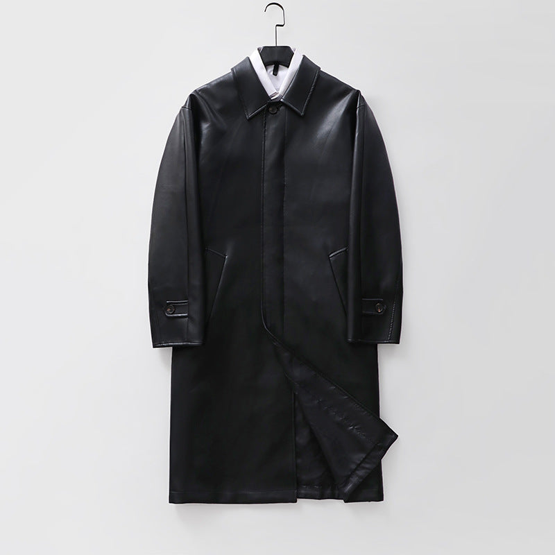Men's longer minimalist faux leather coat with shirt collar, concealed button placket, and straight cut Mune Fashion