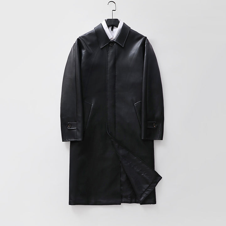 Men's longer minimalist faux leather coat with shirt collar, concealed button placket, and straight cut Mune Fashion