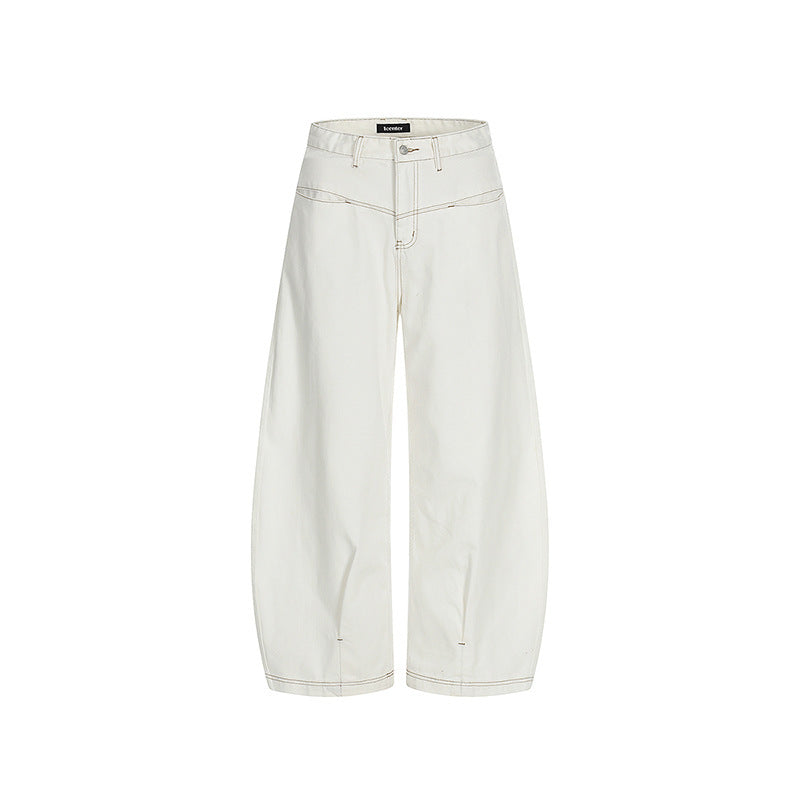 Women Wide Cropped Balloon Jeans with High Waist and Visible Contrast Stitching Mune Fashion