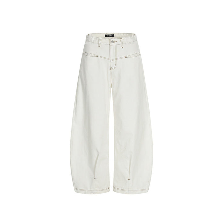 Women Wide Cropped Balloon Jeans with High Waist and Visible Contrast Stitching Mune Fashion