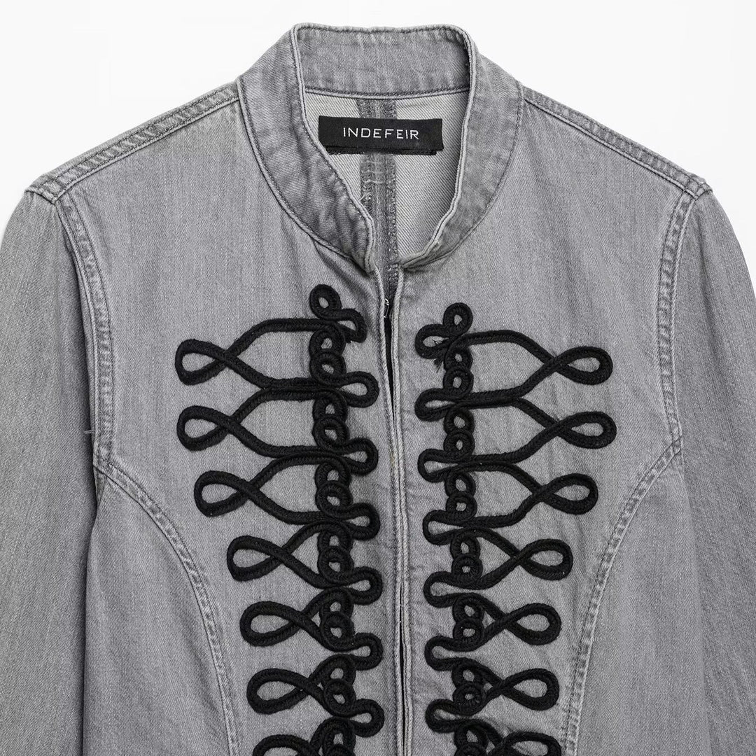 Ladies' denim jacket with military cord application and stand-up collar Mune Fashion