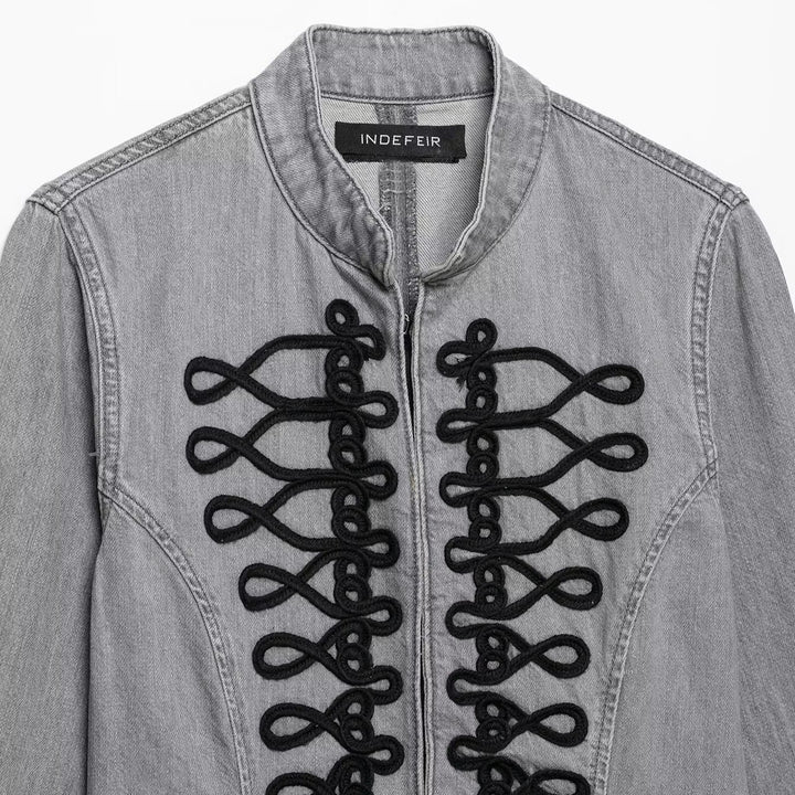 Ladies' denim jacket with military cord application and stand-up collar Mune Fashion