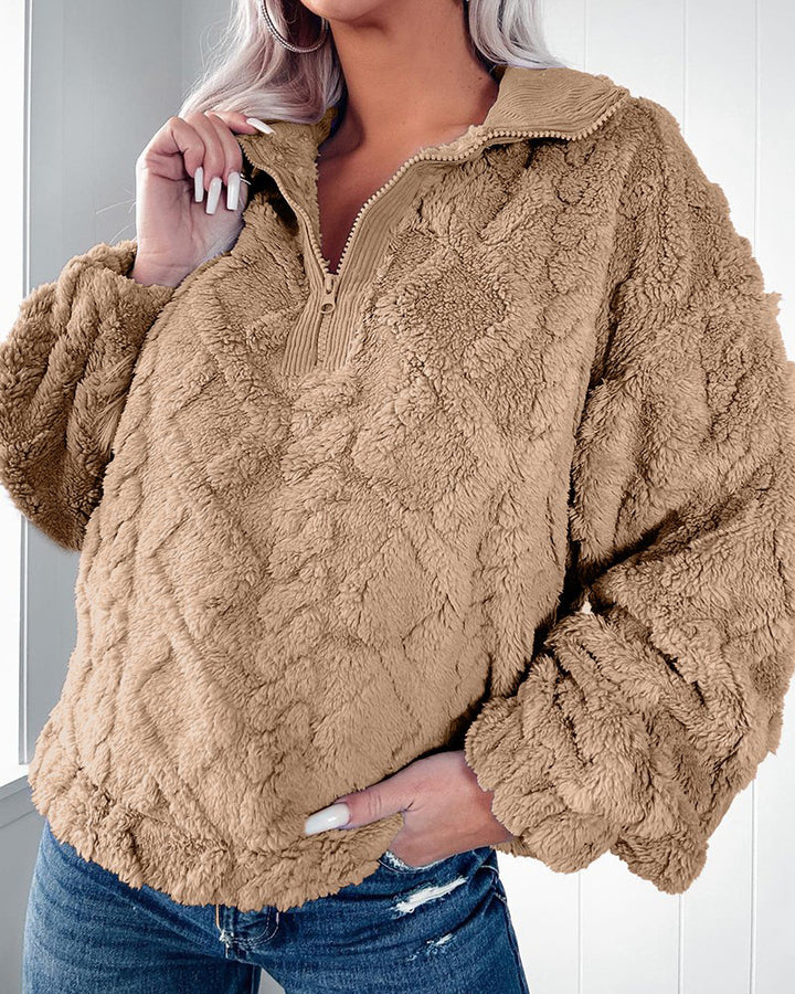 Women's plush Sherpa pullover with half zipper, stand-up collar, and oversized silhouette Mune Fashion