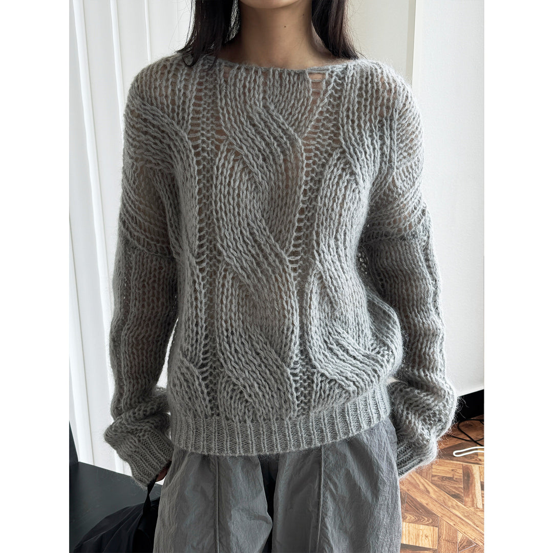 Women's Oversize Mohair-Optic Cable Pattern Sweater with Transparent Effect Mune Fashion