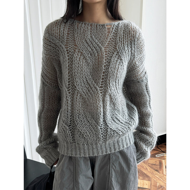 Women's Oversize Mohair-Optic Cable Pattern Sweater with Transparent Effect Mune Fashion