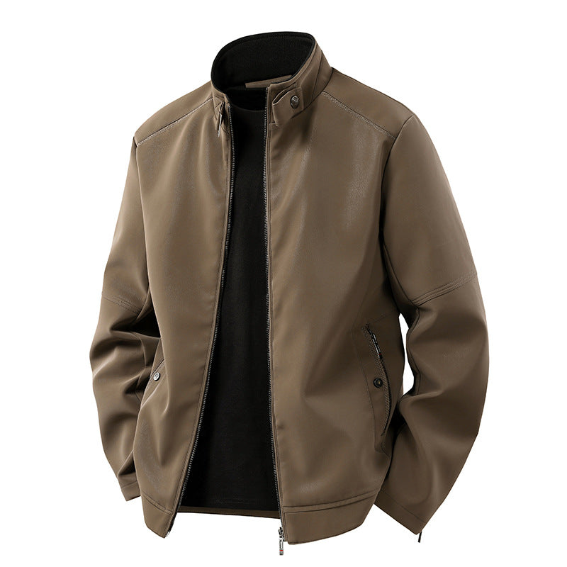 Men's Casual Leather-Look Blouson with Stand-Up Collar and Concealed Zipper Mune Fashion