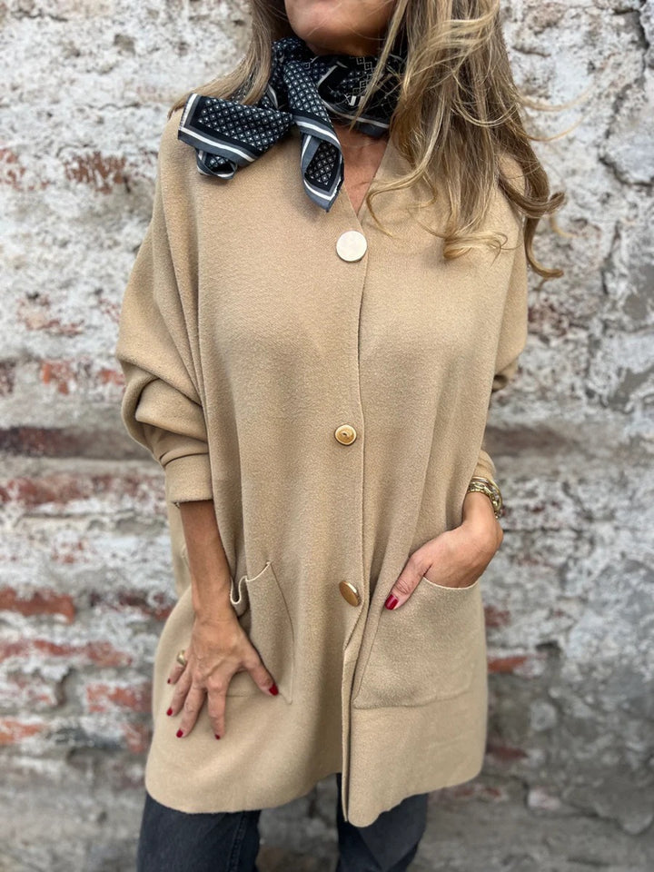 Women Oversized Knit Coat-Cardigan with Sewn Pockets and Decorative Buttons Mune Fashion