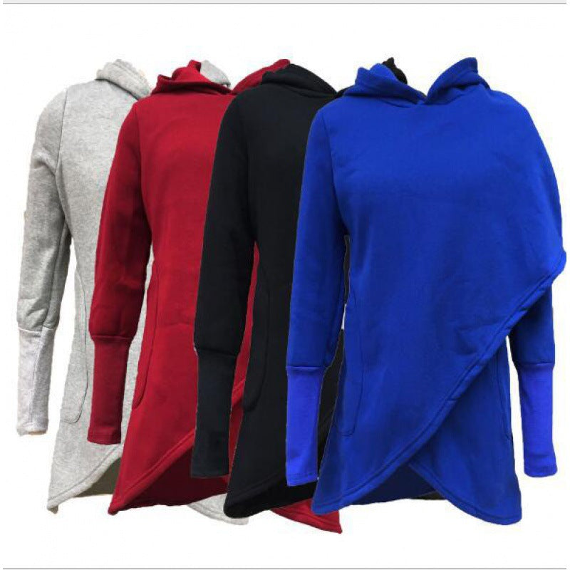 Women Asymmetrical Hoodie with Overlapping Hem and Side Pockets Mune Fashion