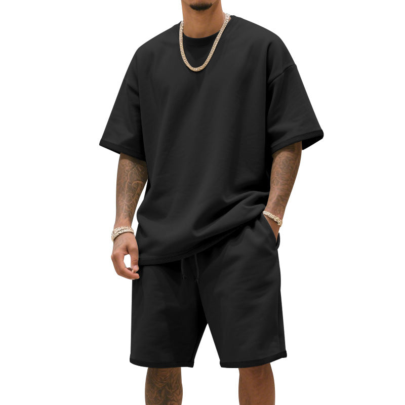 Men's relaxed jersey set with extended round neck t-shirt and elastic drawstring shorts Mune Fashion