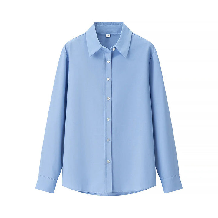 Women's casual oversized boyfriend shirt with shirt collar, concealed button placket, and rounded hem Mune Fashion