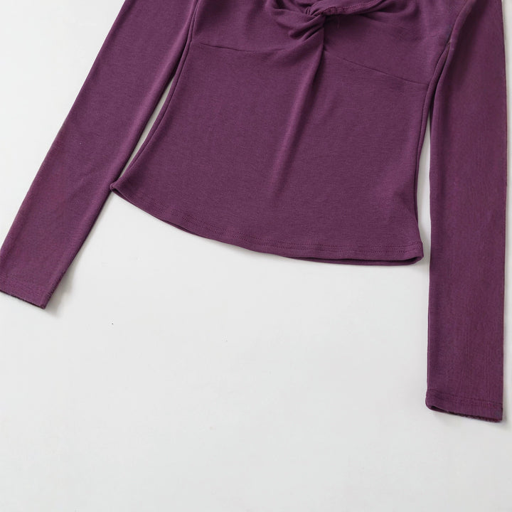 Women's Long Sleeve Shirt with Twist Knot Detail, Shaping Bust Part and Wide Neckline Mune Fashion