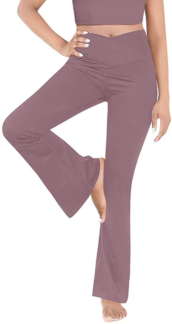 Women's mid-rise yoga pants with crossover waistband and flared hem with slit Mune Fashion
