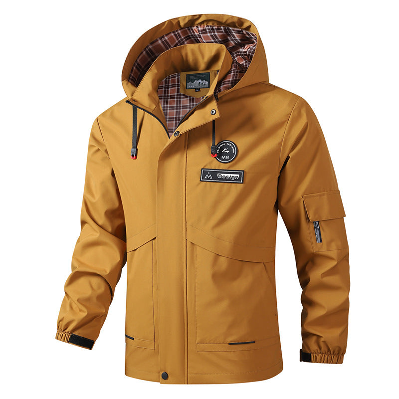 Men's lightweight waterproof hoodie jacket with plaid-lined inner lining, multiple pockets, and adjustable hood Mune Fashion
