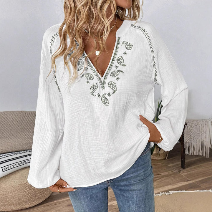 Women's casual cotton gauze blouse with embroidered V-neck, paisley embroidery, raglan seams, and wide balloon sleeves Mune Fashion