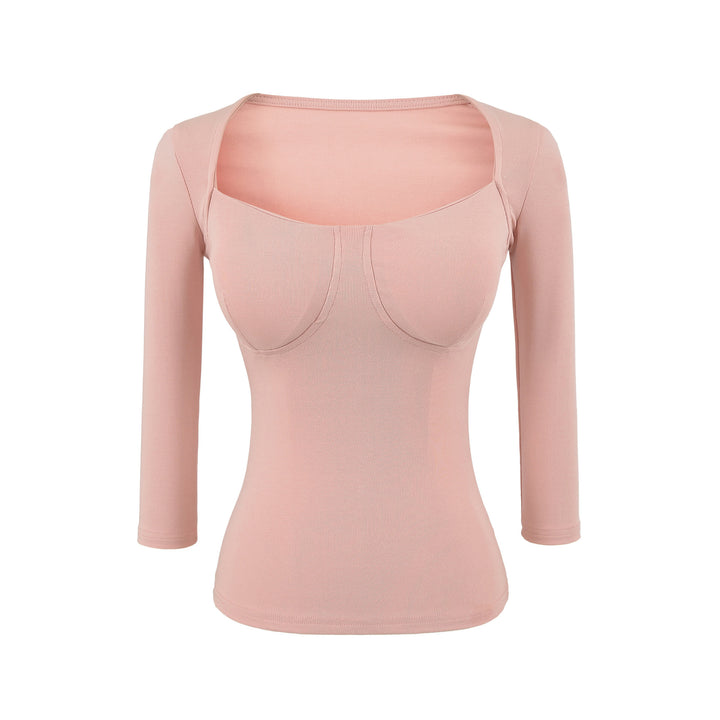 Women's Fitted Long Sleeve Top with Integrated Bustier Contour and Square Neckline Mune Fashion
